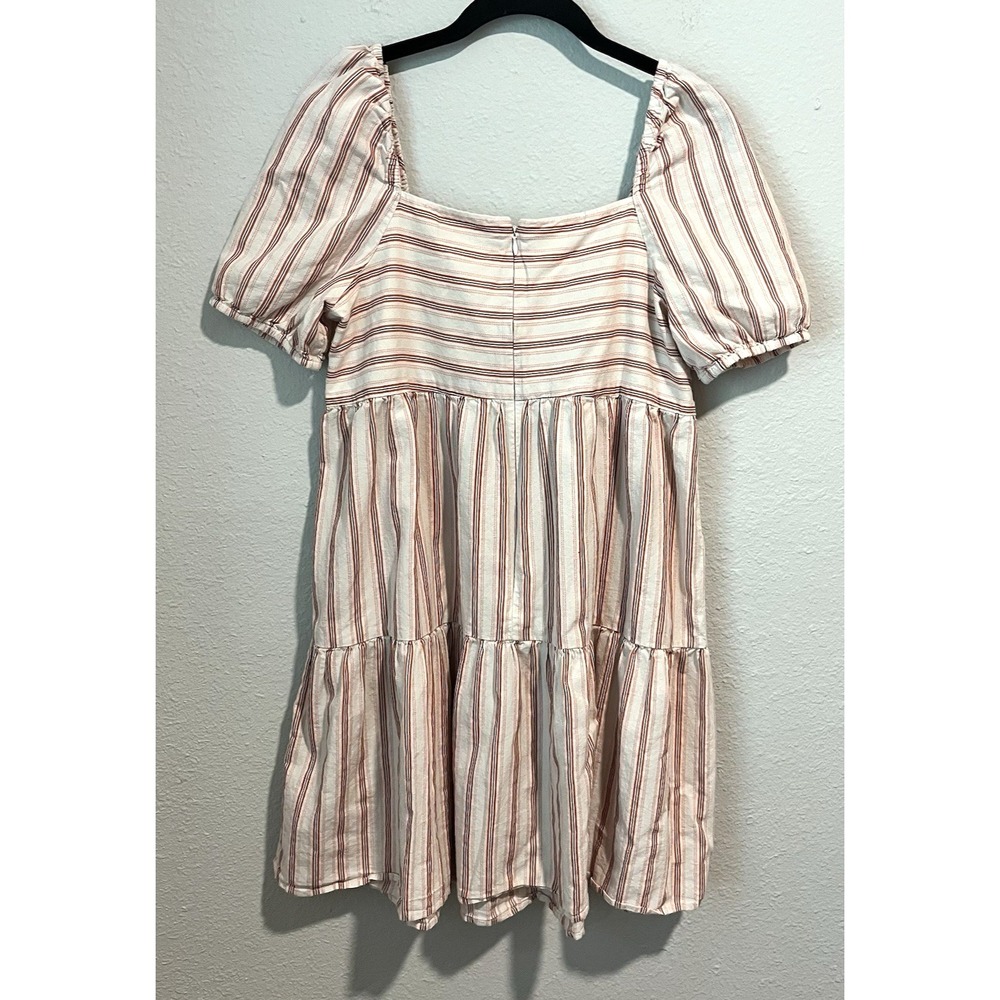 LOFT Women's Mini Dress Size 2 Red Pink Striped Puff Sleeve Babydoll Summery - Picture 6 of 13